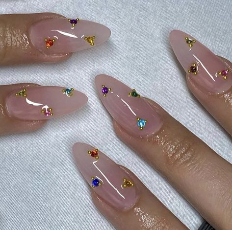 Nails Gems Designs, Birthday Nails Colorful, Almond Nails With Jewels, Colorful Gem Nails, Colorful Rhinestone Nails, August Birthday Nails, Mystery Nails, Nails Jewels, Jewel Nails