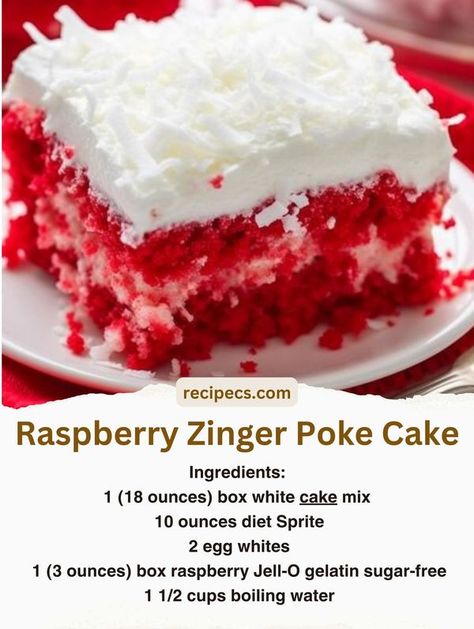 Zinger Cake Recipe, Raspberry Zinger Poke Cake, Raspberry Zinger Cake, Zinger Poke Cake, Raspberry Zinger, Berry Cake Recipe, Cake Mix Ingredients, Poke Cake Recipes, Poke Cakes