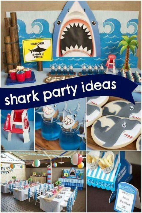 Shark Party Ideas, Jaws Party, Beach Bash, Shark Themed Birthday Party, Party Ideas For Kids, 10 Birthday, Shark Birthday Party, Shark Themed, Shark Party