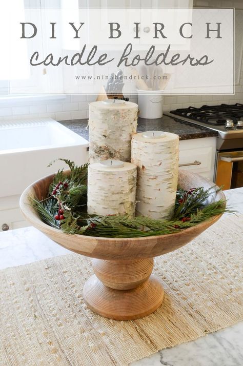 Easy DIY Birch Candle Holders Tutorial Natal Natural, Birch Candle Holders, Birch Candles, Christmas Centerpieces Diy, Diy Candle Holders, Natural Christmas, Diy Centerpieces, Wooden Bowl, Easy Home Decor