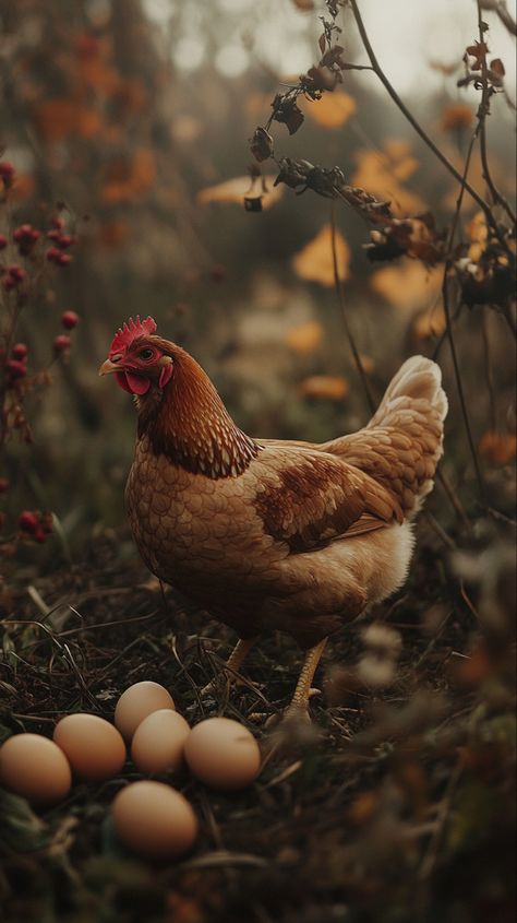 Beautiful red hen with eggs in the fall yard Rural Illustration, Tractor Aesthetic, Farming Photo, Farm Life Photography, Farming Aesthetic, Chicken And Eggs, Fall Farm, Farm Photos, Farm Pictures