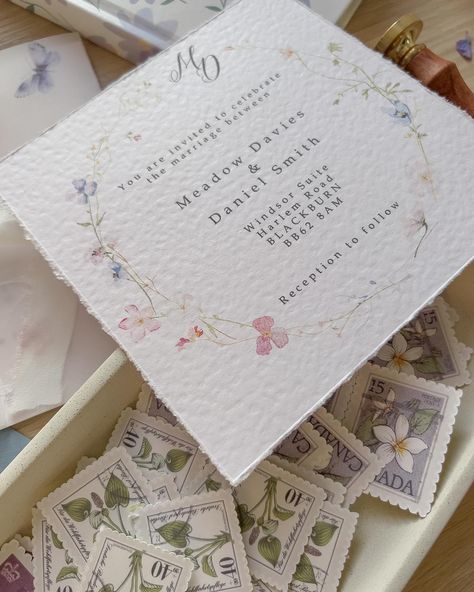 It’s in the little details 🌷 These beautiful invites are printed onto our finest hammered cardstock, and then hand torn for a deckled edge finish ☁️ These invitations come in both square and the classic 5x7 inches if that’s more your style 👰 #weddinginvite #invitation #floralinvite #wildflowerinvite #wildflowerinvitations #weddingphotography #weddingideas #diywedding #botanicalwedding #pastelwedding #lilacwedding #weddingplanning Pastel Wedding Invites, Wedding Invitation Pastel Color, Wedding Invitations Pastel Colours, Spring Pastel Wedding Invitations, Wedding Invitations Pastel, Pastel Flower Invitation, Floral Pastel Wedding Invitations, Pastel Wedding Invitations, Unique Wedding Stationery