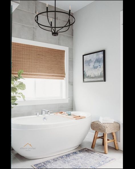 Haven Dwellings Interiors on Instagram: “Bathrooms-they often get overlooked as a priority when designing. But, is there anything better than a fabulous bathroom? Client wanted…” Natural Woven Shades, Woven Roman Shades, Window Treatments Ideas, Bathroom Window Treatments, Bathroom Blinds, White Bathroom Decor, Woven Wood Shades, Bathroom Window, Bamboo Shades