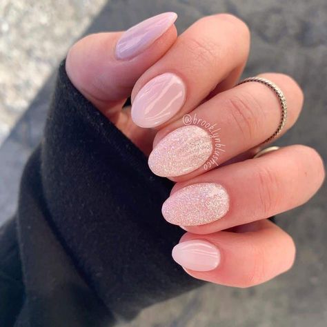 Short & Feminine Almond Nails Opi Glitter Dip Powder, Neutral Nails For Light Skin, Powder Dip Acrylic Nails, Dip Powder Nails New Years, Pretty Almond Nails Short, Very Short Dip Powder Nails, Almost Shaped Nails, Short Almost Acrylic Nails, New Years Nails Almond Shape Short