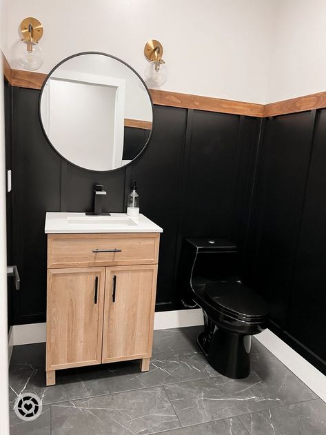 half bathroom ideas black cabinets
black and white tile floor half bathroom
black half wall paneling bathroom
small half bathroom remodel black and white
half bathroom ideas black vanity
black and white half bathroom modern
black half bathroom with wallpaper
black accent half bathroom
black half bathroom wall
half bathroom ideas black counter
black and white half bathroom design
half bathroom black and white floor Black Bathroom Half Wall, Bathrooms With Black Toilet, Black Shiplap Half Bath, Half Black Wall Bathroom, Black Bottom Half Wall, One Black Wall Bathroom, Charcoal Half Bath, Black Half Wall Bathroom, Black Vanity Half Bath