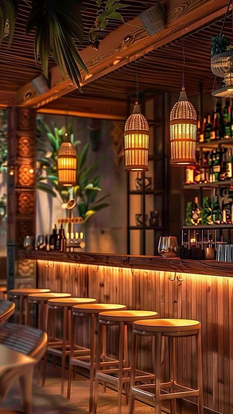 Tiki Lounge Backyard, Home Beach Bar, Tropical Bar Design, Lounge Bar Interior, Hipster Bar, Bamboo Restaurant, Rollup Design, Bar Lounge Design, Tropical Bar