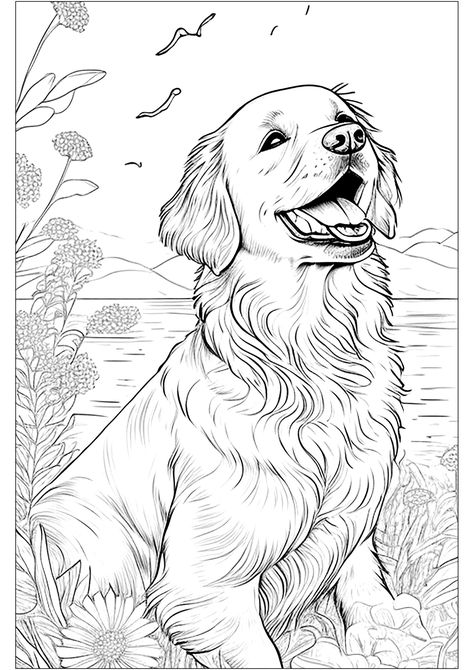 Realistic coloring of a Golden Retriever - JustColor.net : Free printable coloring pages for adults and kids Golden Retriever Cartoon, Golden Retriever Birthday, Golden Retriever Drawing, Egypt Hieroglyphics, Tibet Art, Dog Coloring Book, Puppy Coloring Pages, Anime Mermaid, Coloring Page For Adults