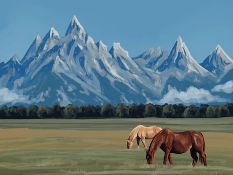 Horse Herd Drawing, Horse Painting Landscape, Horse Running Drawing, Mountain Drawing Simple, Horse Field, Cottage Drawing, Cowboy Painting, Deadpool Spiderman, Mountain Artwork