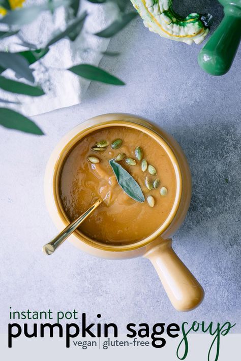 Instant Pot Pumpkin Sage Soup, a healthy vegan pressure cooker pumpkin soup recipe made with sweet potatoes and sage. Ready in 30 minutes from start to finish! #instantpot #pressurecooker #pumpkin #soup #sage #recipe via @kristinatodini Vegan Pressure Cooker, Sage Soup, Creamy Pumpkin Soup Recipe, Instant Pot Pumpkin, Pumpkin Crockpot, Bowls Recipes, Creamy Pumpkin Soup, Pumpkin Soup Recipe, Meals Recipes