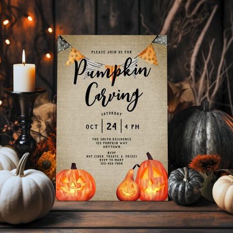 $2.70 | Farmhouse Style Pumpkin Carving Party Invitation #halloween, vintage, farmhouse style, pumpkins, pumpkin carving, family, bunting, jack o'lantern, cute, kids Fun Pumpkin Carving, Pumpkin Carving Party Invitations, Pumpkin Background, Pumpkin Carving Party, Amazing Pumpkin Carving, Minimalist Invitation, Invitation Halloween, Watercolor Pumpkin, Vintage Farmhouse Style