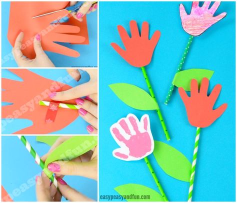 Art Projects For Kindergarten, Handprint Flower Craft, Projects For Kindergarten, Animal Paper Craft, Simple Art Projects, Track Videos, Handprint Flower, Hand Print Flowers, Paint Diy Crafts