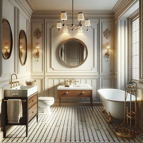 The walls may be adorned with a neutral color palette, and the fixtures such as bathtub, sink, and toilet had to be white porcelain. For an elegant touch, a large framed mirror should be positioned over a polished hardwood vanity adorned with brass fixtures. The floor should be outfitted with hexagonal mosaic tiles in patterns that echo colonial traditions. Soft, tasteful lighting should be positioned to create a relaxing ambiance. Modern Victorian Interior Design Bathroom, Modern Victorian Bathroom Ideas, Parisian Inspired Bathroom, Victorian Home Bathroom, Parisian Bathroom French Style, Old Money Bathroom, French Interior Design Parisian Style, French Bathroom Design, Parisian Style Bathroom