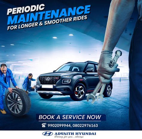 Periodic Maintenance for your car that Provides Smoother Rides visit us for Quality Service. Call: 9902099944, 08022976163 Or Book Now: https://www.advaithhyundai.com/service-booking #AdvaithHyundai #PeriodicMaintenance #BestCarService #CarCare #caringforyoualways #cars #trending Car Service Ads, Car Service Design, Oil Replacement, Car Advertising Design, 광고 디자인, Ad Car, Truck Repair, Social Media Advertising Design, Car Repair Service