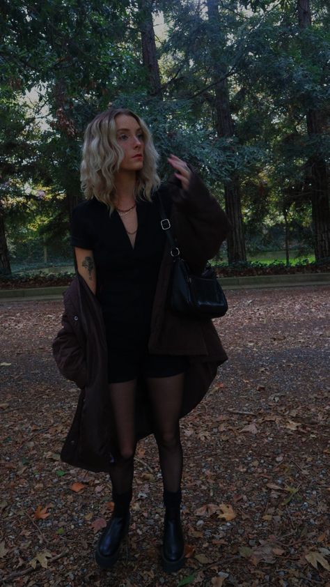 Black Jumpsuit Outfit With Jacket, Jumpsuit Outfit With Jacket, Fall Romper Outfit, Moody Outfit, Platform Boots Outfit, Black Work Outfit, Black Jumpsuit Outfit, Black Fall Outfits, 2024 Wardrobe