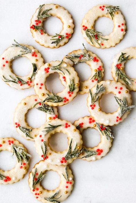 Meyer Lemon Shortbread Wreath Cookies Wreath Cookies, Calendar Girls, Xmas Cookies, Christmas Cooking, Pretzels, Holiday Baking, Holiday Cookies, Dessert Bars, Holiday Treats