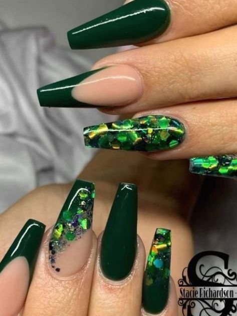 Are you looking for cute St. Patrick's day nails that will make others green with envy? If so, you'll love these fabulous nail designs! #nailsacrylic #nail ideas #nailart St Patrick Day Nails Acrylic, Green Acrylic Nails, Dark Green Nails, St Patricks Day Nails, Green Nail Designs, Nagel Tips, Coffin Shape Nails, Dark Nails, Acrylic Nails Coffin