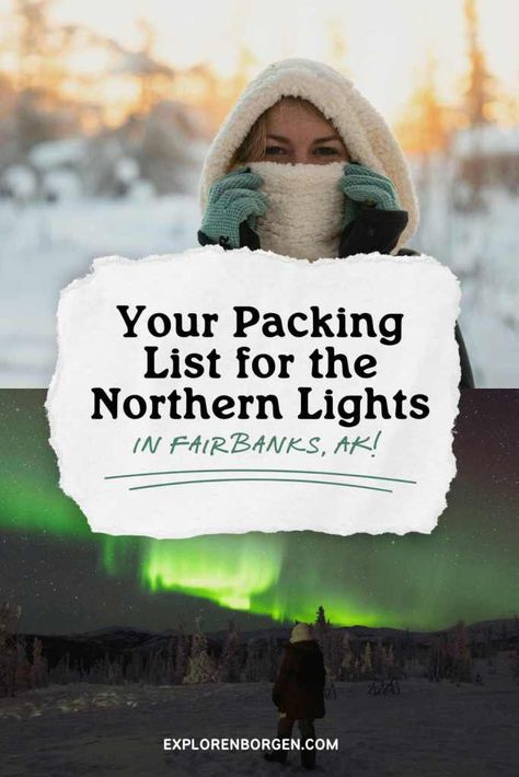 This article has everything I brought on my four-day Northern Lights Trip to Alaska as well as some helpful information about renting winter gear as well. So if you're planning on visiting Alaska this winter and aren't sure what to bring, this comprehensive guide includes everything you should bring with you to withstand the cold and catch a view of the Northern Lights, the aurora borealis. rnThe guide includes a printable packing list that you can use to check things off as you pack your gear! What To Wear In Alaska In Winter, Alaska Winter Packing List, Winter In Alaska Outfits, Fairbanks Alaska Outfits Winter, Alaska Winter Outfit Women, Winter In Alaska, Anchorage Alaska Winter Outfits, Northern Lights Outfit, Alaska Winter Outfit