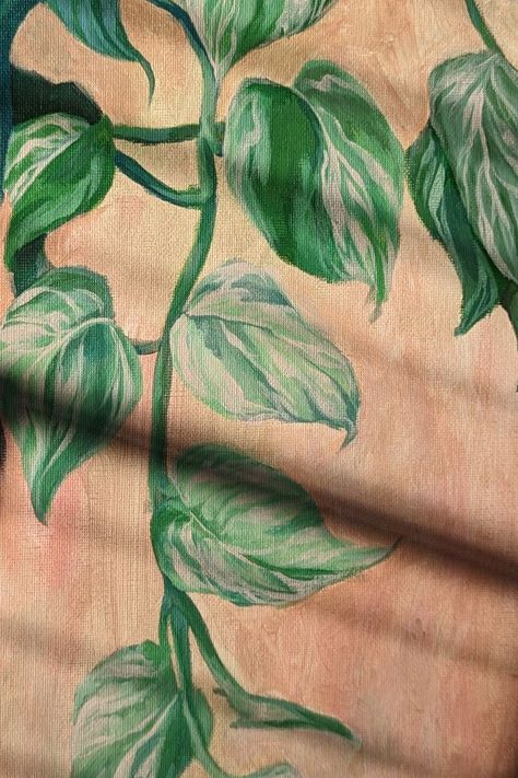 A painting of a pothos houseplant done in acrylic. Acrylic Vines Painting, Pothos Painting Acrylic, Pothos Plant Painting, Pathos Painting, Pothos Painting, Plant Painting Acrylic, Pet Commissions, Plant Paintings, Plant Mom Aesthetic