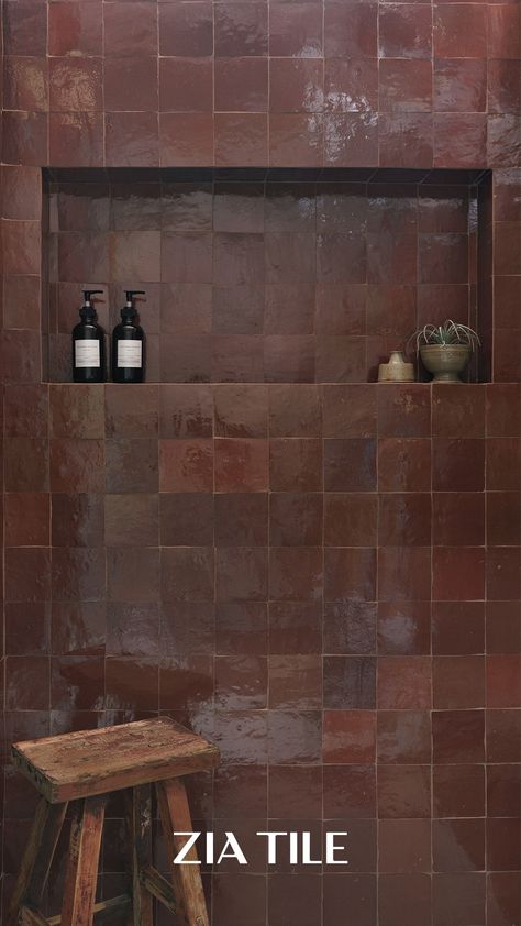 Walls Tiles Design, Brown Zellige Tile, Moody Shower Tile, Brown Backsplash Kitchen, Brown Tile Floor Bathroom, Brown Bathroom Tiles, Burgundy Bathroom, Brown Tile Bathroom, Zia Tile