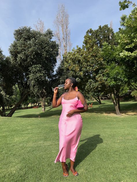 Zara Pink Slip Dress, Pink Dress Date Night, Pink Sundress Black Women, Pink Wine Tasting Outfit, Midi Slip Dress Outfit, Pink Slip Dress Outfit, Dress On Dark Skin, Pink Zara Dress, Pink Cami Dress