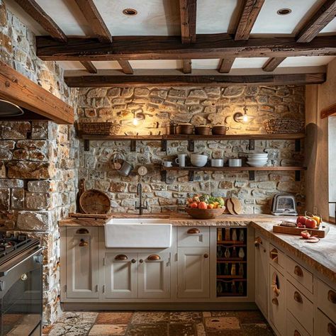 5+ Timeless Kitchen Backsplash Tile Ideas in Brown • 333+ Art Images English Cottage Kitchen Backsplash, Cottagecore Kitchen Backsplash, Cobblestone Backsplash, Kitchen With Stone Wall, Stone Cottage Kitchen, French Country Backsplash, Tile Backsplash Kitchen Ideas, Rustic Kitchen Backsplash Ideas, Timeless Kitchen Backsplash