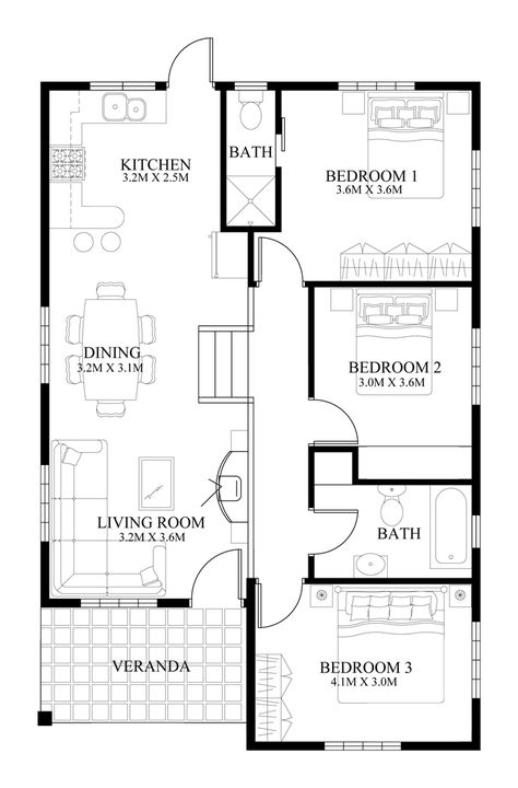 Small House Design - 2014005 | Pinoy ePlans - Modern house designs, small house design and more! Floor Plan With 3 Bedrooms, 3 Room Floor Plan, Floor Plan 2 Storey House 4 Bedroom, 7 Rooms House Plans, Plan Of Building, 6 Rooms House Plan, 3 Bedroom House Design With Floor Plan, Floor Plan House Modern, Home Architecture Design Floor Plans