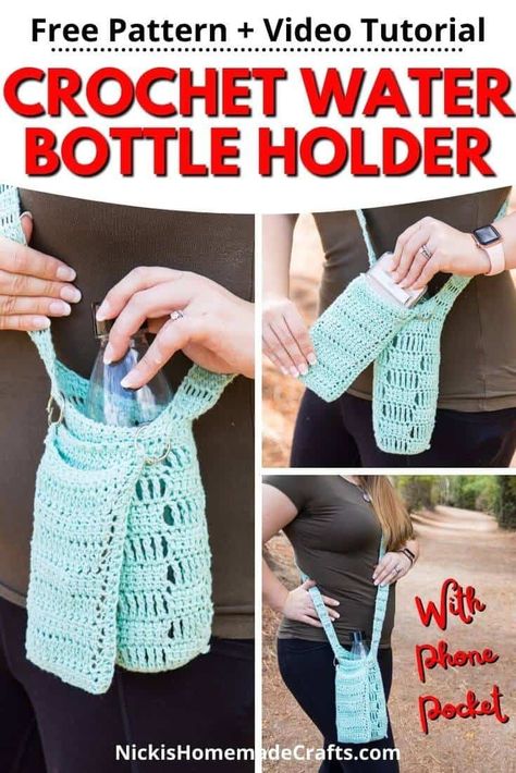 Water Bottle Cell Phone Holder, Water Bottle Carrier Diy Free Pattern Crochet, Crochet Cell Phone Holder Free Pattern, Crochet Stanley Cup Holder, Crochet Phone Bag Free Pattern, Crochet Water Bottle, Crochet Water Bottle Holder, Crochet Beginner, Bottle Cozies