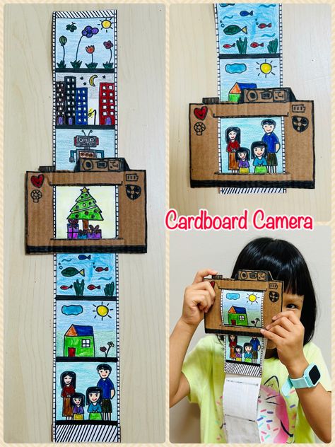 How to make 1. Draw a camera on the cardboard. Cut it down. 2. Draw within the frame whatever you like. Cut it down. 3. Insert the paper into the ‘Screen’. Glue the small cardbord with the back of frame. Cardboard Frames Diy, Camera Crafts For Kids, Cardboard Frame Diy, Cardboard Camera, Paper Camera, Islamic Crafts, Camera Crafts, Camp Projects, How To Make Camera