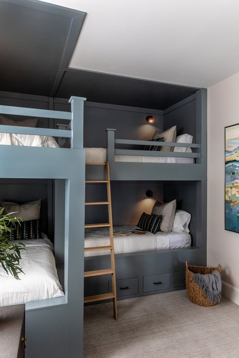 Summer View — Kimberly Parker Design Small Space Bunk Room, Corner Bunk Room Ideas, L Shaped Bunk Room, Bunk Bed Game Room, 4 Bunk Beds Built Ins, Boys Bunk Room Ideas, 4 Built In Bunk Beds, Queen Size Bunk Beds Built Ins, Small Bunk Room Ideas