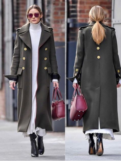 Military Coat Outfit, 90s Coat, Military Inspired Fashion, Floral Dresses With Sleeves, Coat Trends, Fashion Forecasting, Classy Work Outfits, Olivia Palermo, Casual Chic Outfit