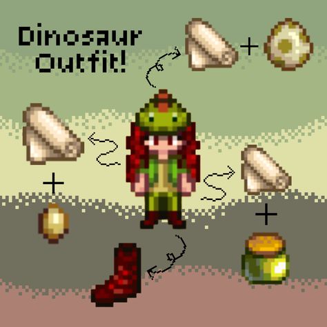 Dinosaur Outfit! Cute Stardew Valley Outfits Ideas, Stardew Valley Outfit Ideas Male, Stardew Valley Dinosaur, Stardew Valley Outfit Ideas No Mod, Stardew Valley Wedding Dress, Stardew Valley Wedding, Cute Stardew Valley Outfits, Stardew Outfits, Stardew Valley Clothes Guide