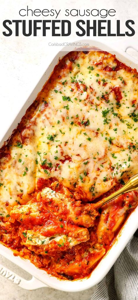 Stuffed Shells with Meat - Carlsbad Cravings Sausage Stuffed Shells, Stuffed Shells With Meat, Chicken Stuffed Shells, Stuffed Shells Ricotta, Jumbo Pasta Shells, Carlsbad Cravings, Stuffed Shells Recipe, Pasta Dinners, Freezer Meal