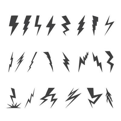 Lightning, electrostatic discharge during thunder bolt, different black line. Collection of natural phenomena of lightning or thunder. Vector illustration 3735193 Vector Art at Vecteezy Thunder Graphic Design, Vector Lightning, Illustrator Shapes, Minimalist Lighting Design, Lightning Pattern, Thunder Bolt, Lightning Cars, Lightning Logo, Hidden Lighting