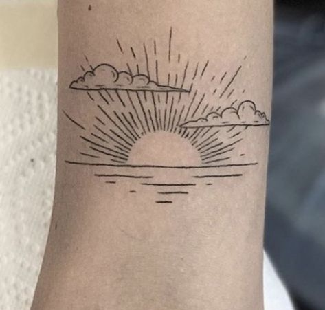 Sunset Sky Tattoo, Sunset Cloud Tattoo, Sunrise With Clouds Tattoo, Clouds With Sun Rays Tattoo, Sun Over Clouds Tattoo, Cloud Sun Ray Tattoo Design, Cloud And Sun Ray Tattoo, Sun Through Clouds Tattoo, Sunrise Line Tattoo