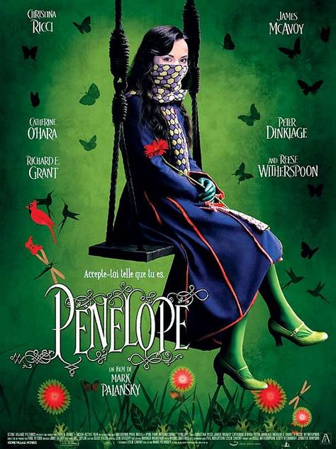 Penelope (played by the delightful Christina Ricci) is born with the nose of a pig due to an ancestral curse. Description from chickiechirps.blogspot.com. I searched for this on bing.com/images Penelope Bedroom, Penelope Movie, French Movie Posters, Catherine O'hara, Septième Art, Movies Worth Watching, I Love Cinema, Motion Pictures, Movies And Series