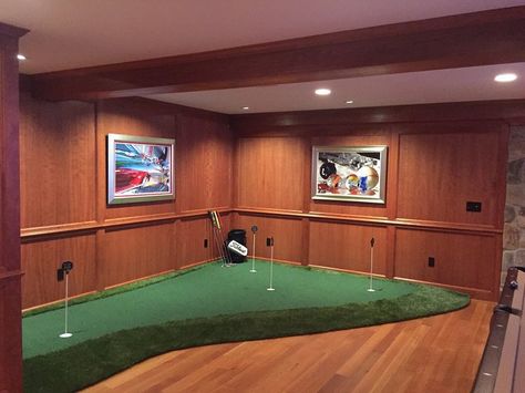 Custom Golf Room Golf Man Cave, Office Golf, Golf Simulator Room, Sports Man Cave, Golf Room, Ultimate Man Cave, Man Cave Basement, Golf Simulators, Man Cave Home Bar