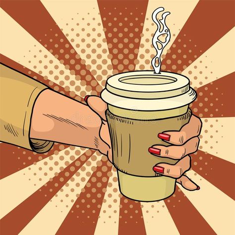 Female hand holds hot cardboard cup with coffee comic style. During a working break she drinks energy drink. Vintage pop art retro. Illustration. EPS 10 vector illustration Coffee Comic, Pop Art Food, Coffee Artwork, Comic Book Art Style, Graphic Design Infographic, Retro Comic Book, Vintage Pop Art, Laser Art, Outdoor Cafe