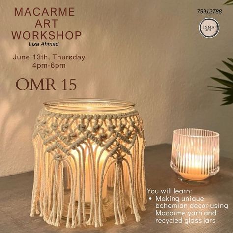 Join us for an exciting and creative Macarme Art workshop at Inma arts @craftycorner_oman #art #creative #inmaarts #workshop #oman #experience Macrame Jars, Macrame Candle, Macrame Lantern, Macrame Lamp, Small Macrame, Diy Plant Hanger, Flower Studio, Macrame Knot, Macrame Patterns Tutorials