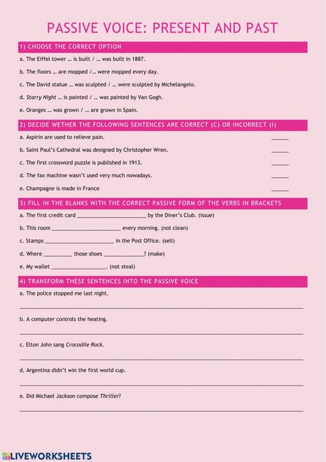 Pasive voice: Present and Past - Interactive worksheet Present And Past Passive Worksheet, Passive Voice, English Club, Active Voice, Past Simple, Easy Spells, 3d Floor, English As A Second Language (esl), English As A Second Language