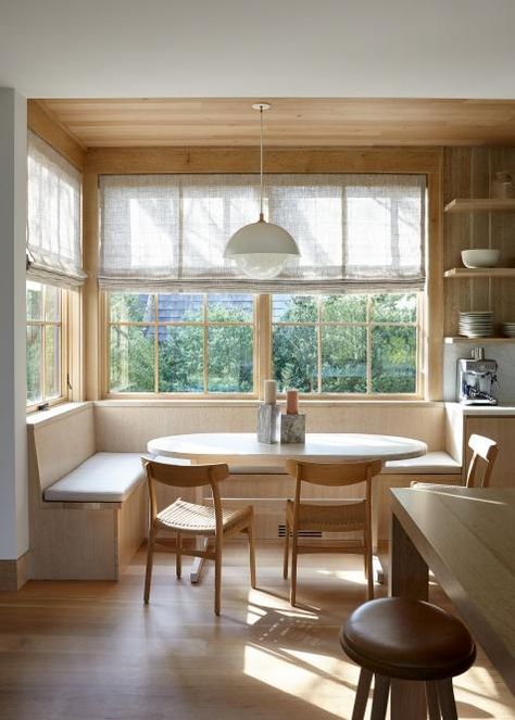 Banquette Seating In Kitchen Window, Sunroom Banquette, Diy Banquette Seating, Kaboodle Kitchen, White Fridges, Banquette Seating In Kitchen, Port Moody, Built In Banquette, Design Tricks