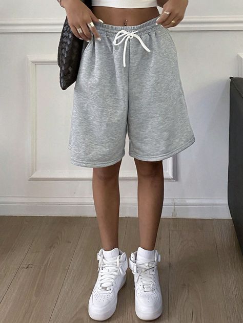 Grey Casual Collar  Knitted Fabric Plain Track Shorts Embellished Non-Stretch Summer Women Clothing Cotton Shorts Women, Grey Sweat Shorts, Women Crew Socks, Baggy Shorts, Sweatpants Shorts, Casual Summer Shorts, Track Shorts, Shorts Casual, School Shopping