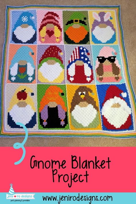 Check out the finished gnome blanket up on the blog this month! A fun year long crochet project is complete and so cute! Gnome C2c Crochet Pattern Free, Gnome Granny Square, Crochet Gnome Granny Square, Crochet Gnome Blanket Pattern, Year Long Crochet Projects, Gnome Crochet Blanket, Crochet Gnome Blanket, C2c Graphgan Charts Free, Gnome Blanket