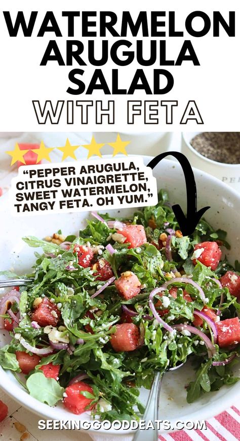 A white bowl of watermelon arugula salad with feta cheese. Arugula Watermelon Feta Salad, Orzo Feta Salad, Watermelon Salad With Feta Cheese, Watermelon Arugula Salad, Cold Sides, Grilled Pork Steaks, Salad With Feta Cheese, Feta Cheese Salad, Salads To Go