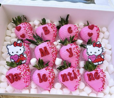 Hello kitty theme Hello Kitty Dipped Strawberries, Valentines Strawberry Ideas, Valentines Day Strawberry Box Ideas, Valentine’s Day Strawberry Ideas, Be My Valentine Strawberries, Valentine’s Day Strawberry Boxes, Hello Kitty Chocolate Strawberries, Vday Strawberries, Valentines Day Strawberries Boxes