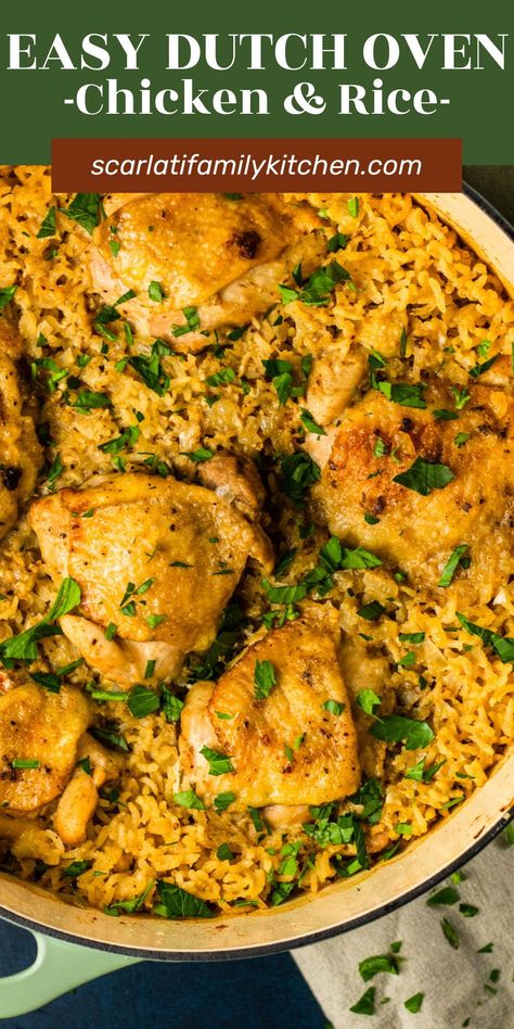 This one pot chicken and rice dinner recipe is made with real ingredients in a dutch oven or cast iron skillet. A delicious dinner the whole family will love! Chicken And Rice Dutch Oven Recipes, Quick Dutch Oven Recipes, Dutch Oven Stove Top Recipes, Chicken Thighs Dutch Oven, One Pot Dutch Oven Meals, Dutch Oven Chicken And Rice, Oven Chicken And Rice, Braiser Recipes, Dutch Oven Chicken Thighs