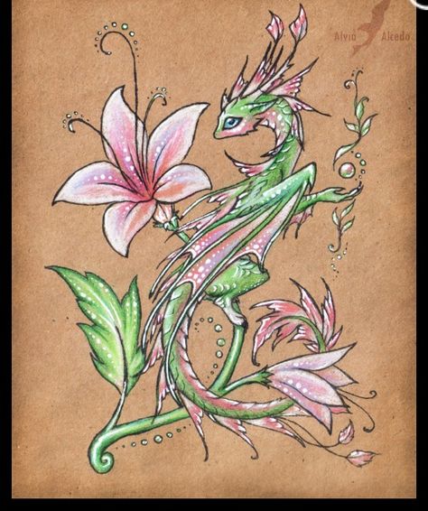 Pink and green dragon Creepy Dragon Tattoo, Plant Dragon Art, Pink And Green Tattoo, Forest Dragon Tattoo, Leaf Dragon, Flower Dragon, Earth Dragon, Dragon Magic, Forest Dragon