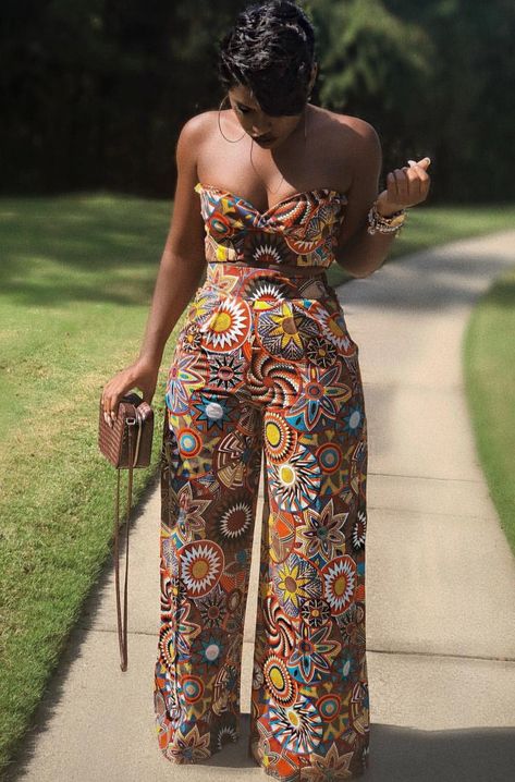 Traditional Pants For Women African, Trendy African Outfits, African Atires Woman Dresses Styles, Summer Jumpsuit Outfit Classy, African Print Pants, Ankara Skirts, African Print Jumpsuit, African Chic, Trendy Ankara Styles