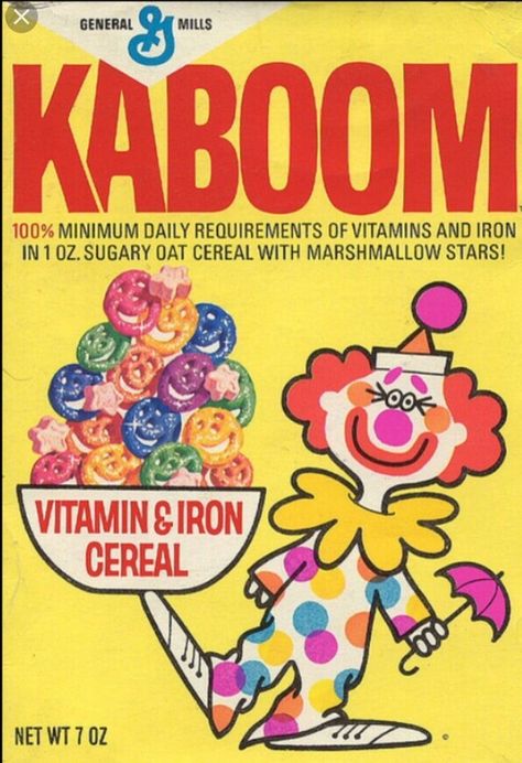 Kaboom Clown General Mills Cereal - Kaboom was the name of a vitamin-fortified, circus-themed breakfast cereal produced by General Mills, which contained oat cereal bits shaped like smiling clown faces and marshmallow bears, lions, elephants, and stars. Its mascot was a smiling circus clown. It originated in 1969. Kaboom Cereal, 70s Food, Procter And Gamble, Bowl Of Cereal, General Mills, A Clown, Vintage Memory, Oldies But Goodies, Childhood Toys