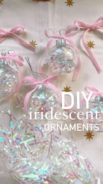 Andrea Clawson on Instagram: "DIY iridescent ornaments ✨ Easiest + affordable way to turn these @dollartree plastic ornaments into the prettiest iridescent ornaments for your tree. I found the iridescent crinkle paper for 1$ in the target dollar spot area and added it to the small ornaments found at dollartree (2pack for 1.25$) And I’m loving all the velvet accents this Christmas so a velvet ribbon is a must 😍 save + share with friends 🥰 Follow @stayathomecircus for more easy + festive ideas for busy moms Ideas: • Make these for yourself or give them as gifts • add a photo inside to make a keepsake ornament #targetdollarspot #targetbullseyesplayground #craftymom #craftymama #targetdollarspot #dollartree #dollartreefinds #dollartreediy #dollartreeobsessed #dollartreecommunity # Sparkle Craft Ideas, Iridescent Christmas Tree Ideas, Target Ornaments Trees, Diy Anthropologie Christmas Ornaments, Tinsel Ornaments Diy, Diy Iridescent Ornaments, Aesthetic Christmas Ornaments Diy, Glass Baubles Ideas Diy Ornaments, Dollar Tree Christmas Gifts Ideas