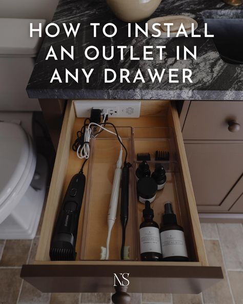 How to hide cords and chargers in a bathroom vanity with a hidden electrical outlet. #ad Learn how to easily install an in-drawer outlet. The Docking Drawer Blade outlet can be used in a bathroom, kitchen, mudroom, or any drawer to help drawer organization. #dockingdrawerpartner #smartorganization #draweroutlet #hiddenoutlet #vanityoutlet #vanityhack Hidden Electrical Outlets Bathroom, Vanity With Electrical Outlet, Hair Appliance Drawer, Plug In Drawer, Outlet In Drawer Bathroom, Outlets In Bathroom Drawer, Electric Toothbrush Storage Drawer, Hide Electric Toothbrush On Counter, Bathroom Vanity Outlets